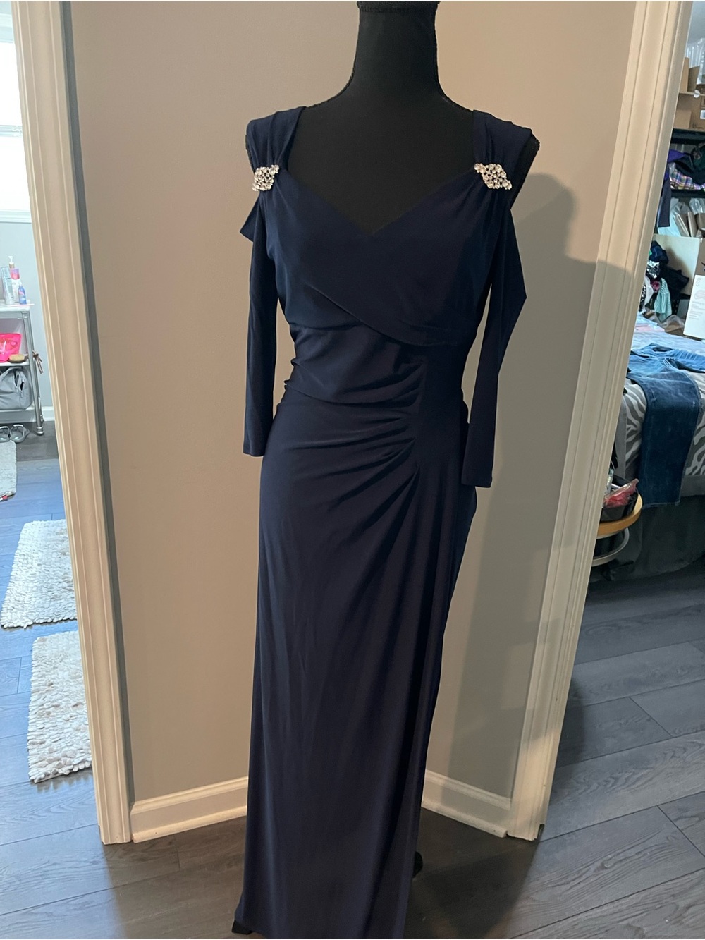 R&M Richards Navy Long Sleeve Evening Dress with Rhinestone Shoulder Accents